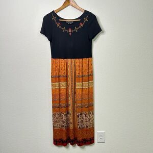 Carole Little Vintage Babydoll Maxi Midi Dress  Burnt Black Orange Empire Sz 6 P